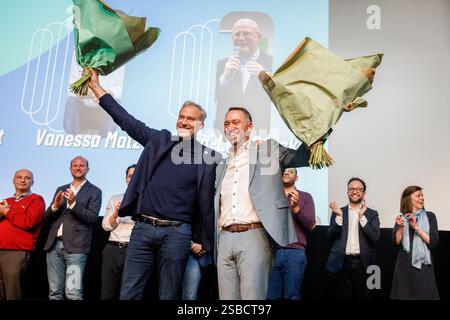 Lüttich, Belgien. Februar 2025. Yvan Verougstraete, stellvertretender Vorsitzender von Les engages, wurde während eines Kongresses der französischsprachigen politischen Bewegung Les engages über die Beteiligung an der neuen Bundesregierung am Sonntag, den 2. Februar 2025 in Lüttich dargestellt. Am Freitagabend haben sich die Verhandlungsführer der fünf Parteien N-VA, Vooruit, CD&V, MR und Les Engagements auf die Bildung einer neuen belgischen Bundesregierung geeinigt. BELGA FOTO HATIM KAGHAT Credit: Belga News Agency/Alamy Live News Stockfoto