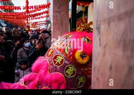 Lebhafte Feier des chinesischen Neujahrs auf einer Stadtstraße mit traditionellem Löwentanz und farbenfrohen Laternen. Stockfoto