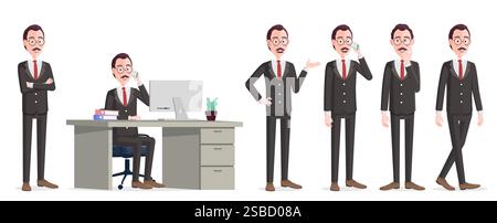 Comic Geschäftsmann Charakter in verschiedenen Posen, sitzend auf Bürostuhl, Arme gefaltet, denken, zeigen, gehen Premium Vektor Stock Vektor