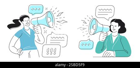 Geschäftsfrau kommuniziert über Megaphon. Frau, die Lautsprecher hält und eine Ansage macht. Vektorabbildung Stock Vektor