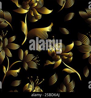 Goldene Blumen auf dunklem Hintergrund. Handzeichnung. Nicht AI, Vektorillustration Stock Vektor