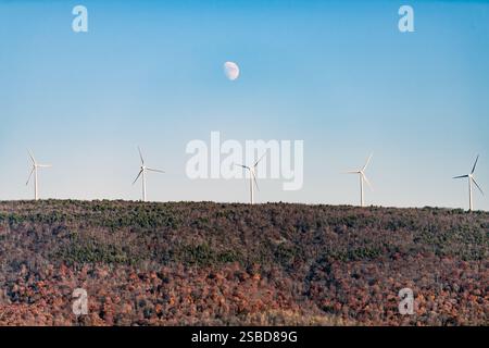 Windturbinen Windmühlen am Appalachian Mountains Ridge, West Virginia Canaan Valley an der Sugarlands Road in Benbush mit malerischer Landschaft und Mond Stockfoto