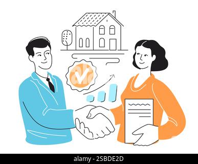Der Käufer schließt einen Vertrag mit dem Immobilienmakler ein, um Immobilien zu erwerben. Vektorabbildung. Hausversicherung Stock Vektor