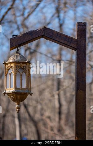 Eine Lampe, die an einem Baumzweig hängt. Die Lampe hängt an einer Kette und besteht aus Metall Stockfoto