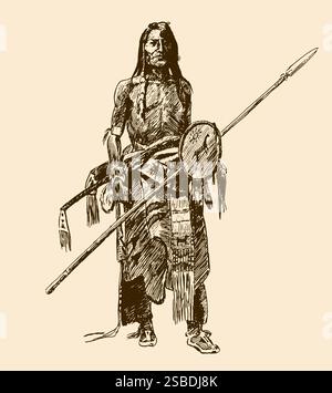 Stehender Sioux-Büffeljäger mit Speer und Schild nach einer antiken Illustration aus dem 19. Jahrhundert Stock Vektor