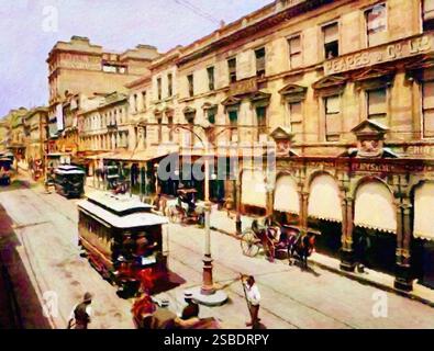 Eine Straßenbahn der C-Klasse, die die George Street entlang fährt, in der Nähe der Hunter Street, Sydney 1900. Stockfoto