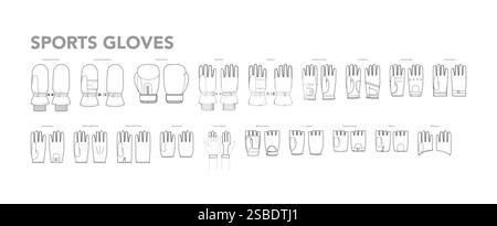 Set von Sporthandschuhen Mode mit Namen Hand Accessoire Kleidung technische Illustration Kleidung. Vektor für Männer, Frauen, Unisex flache Vorlage CAD-Zeichentrickstil isoliert auf weißem Hintergrund Stock Vektor