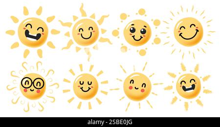 Sonnenfröhliche Gesichter zeichnen Clipart Set. Gelbe Sonne Zeichen in glücklichen und niedlichen Gesicht Emoticons Vektor Illustrationen Hand gezeichnet Clipart. Stock Vektor