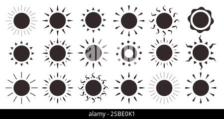 Clipart-Set mit Sun-Silhouette. Schwarzes Sonnenlogo und Symbol Clip Art Sammlung mit Sonnenuntergang Icon Vektor Illustration. Stock Vektor