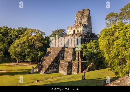 Tempel II, Tempel der Masken, der alten Maya-Stadt Tikal im tropischen Regenwald Petén, El Peten, Guatemala Stockfoto