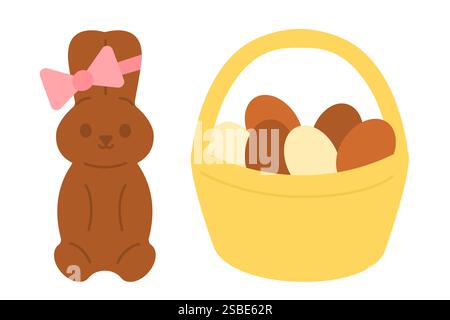 Flache Zeichentrickillustration eines Schokoladen-Osterhasen mit einer rosa Schleife, neben einem gelben Korb gefüllt mit Schokoladeneiern in verschiedenen Brauntönen Stock Vektor