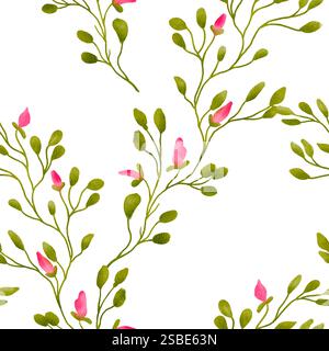Ein bezauberndes und schönes Blumendesign mit hübschen rosa Blumen und leuchtend grünen Blättern auf weißem Hintergrund. Nahtloses Aquarellmuster für den Druck auf Stoff und Papier. Stockfoto