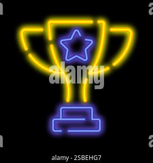 Neon Glowing Award Cup, Siegersieger Champion Preis. Wettkampftrophäe. Symbol für leuchtendes Neon auf schwarzem Hintergrund Stock Vektor