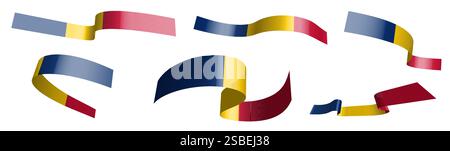 Set mit Weihnachtsbändern. Die Flagge der Republik Tschad winkt im Wind. Trennung in untere und obere Schichten. Konstruktionselement. Vektor auf weißem Hintergrund Stock Vektor