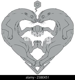 Herzförmiges Otter-Paar, Valentinstag-Symbol mit Tieren, Liebe zur Natur mit Meeressäugern Stock Vektor