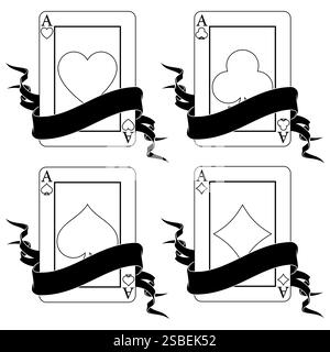 Pokerkarte, umgeben von einem Band, Poker-Symbole von Herz, Diamant, Club und Ass Stock Vektor