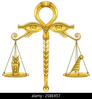 Ägyptische Waagen mit Augen des Gottes Horus, Waagen des Gottes Anubis mit Kanopischen Gefäßen, Waagen mit Feder der Wahrheit der Göttin Matt Stock Vektor