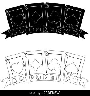 Pokerkarten, umgeben von einem Band, Pokersymbole von Herz, Diamant, Verein und Ass Stock Vektor
