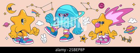 Groovige Universe-Cartoon-Charaktere - Walking Star Maskottchen, cooler Planet mit Sonnenbrille, kosmische Elemente mit Sneakern im Retro-Stil. Funkiges Design mit Sternbildern, Wolken und Mond. Stock Vektor
