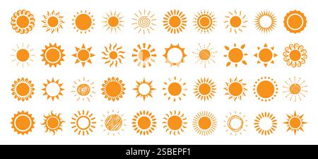 Clipart-Set mit Sun-Logo. Gelbe Sonne Icon und Symbol Clip Art mit Kritzelung und Zeichnung Sonnenstrahlen Vektor Illustration sonnigen Tag Sammlung. Stock Vektor