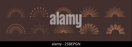 Clipart-Set mit Sunburst-Logo. Vintage Halb Sunburst Clip Art Icon und Symbol Sammlung mit radialen Sonnenuntergang Sonnenstrahlen Vektor Illustration in dunklem Hintergrund Stock Vektor