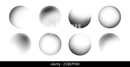 Farbpunktkugeln, die isoliert auf weißem Hintergrund festgelegt sind. Vektor realistische Illustration von Dotwork Kugeln mit körniger Halbtonstruktur, schwarzer und grauer Farbspray Radialfigur, grungy Kunstelemente Stock Vektor