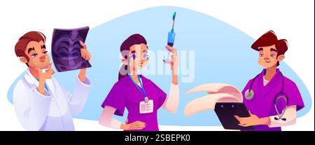 Medizinische Personal Charaktere - junger Arzt, der Röntgenscan analysiert, Krankenschwester, die Spritze mit Behandlung hält, Arzt mit Klemmbrett und Stethoskop. Das Team des Krankenhauspersonals arbeitet für das Design des Gesundheitswesens. Stock Vektor