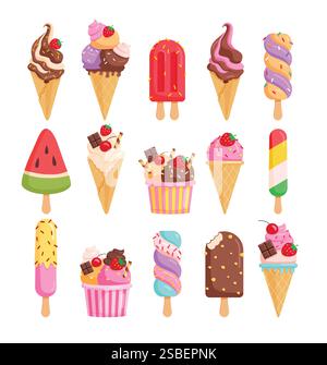 Eiskrem-Symbol-Clipart-Set. Kalte und süße Eis Clip Art mit Geschmack in Eis Stick, Kegel und Tasse Elemente Vektor Illustration Sommer Dessert Stock Vektor