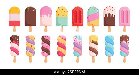 Clipart-Set für Popsicle-Symbol. Sommer-Eis-Clip-Art für tropische Saison-Dessert mit Geschmack Vektor-Illustration bunte Eis-Pop-Symbol-Sammlung. Stock Vektor