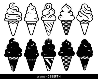 Eiscreme-Symbol-Clipart-Set. Süßes Eis Cone Clip Art in Piktogramm linearen Stil und Umrisssammlung Vektor Illustration Sommer Stock Vektor