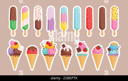 Eiskrem-Symbol-Clipart-Set. Leckeres Eis und Eis Clip Art mit hellen weißen Schatten und verschiedenen Geschmack Vektor Illustration Sommer Dessert Stock Vektor