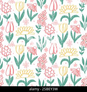 Blumenstift gezeichnet nahtloses Muster. Farbenfroher, durchgehender Hintergrund mit Blumenmuster. larkspur, Tulpe und Gänseblümchen stilisierte Botanik-Repeat-Cover. Oberflächenmuster des Stock Vektor