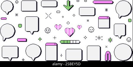 Pixel Art Sprechblasen. 8-Bit-Textfelder mit Herzen, Pfeil und Glitzern. Rechteckige und runde Chatrahmen. Symbole für Dialogblöcke im Retro-Stil der 90er Jahre. Stock Vektor