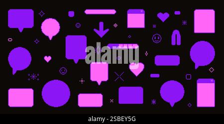 Pixel Art Sprechblasen. 8-Bit-Textfelder mit Herzen, Pfeil und Glitzern. Quadratische, runde Chatrahmen. Dialog Ballon rosa und violett im Retro-Stil der 90er Jahre Stock Vektor