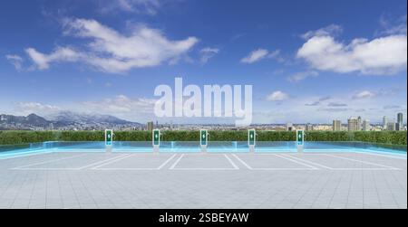 Leerer Parkplatz mit EV-Ladestationen mit Panoramablick auf die Stadt und Förderung nachhaltiger Verkehrsmittel. 3D-Rendering Stockfoto