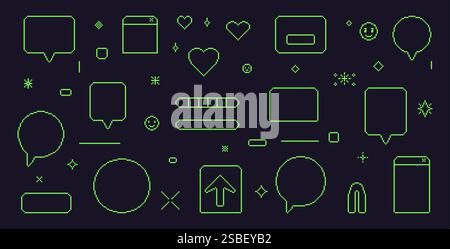 Pixel Art Sprechblasen. 8-Bit-Textfelder mit Herzen, Pfeil und Sternen. Rechteckige und runde Chatrahmen. Dialogfeldsymbole in der grünen Linie der 90er Jahre im Retro-Stil Stock Vektor