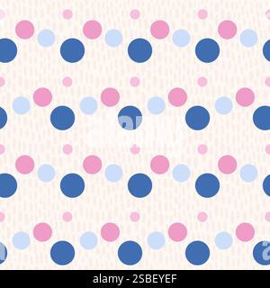 Nahtloses Polka Dots-Muster. Kreiswellen endloser Hintergrund. Blaue und pinkfarbene runde Geburtstagselemente wiederholen den Umschlag. Chaotische Flecken durchgängiges Ornament. S Stock Vektor