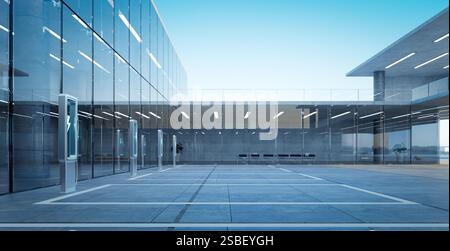 EV-Ladestationen für eine nachhaltige Zukunft in einem modernen Bürogebäude. 3D-Rendering Stockfoto