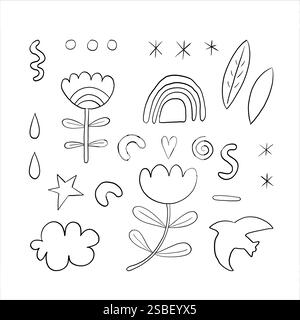 Satz abstrakter grafischer Elemente, handgezeichnete Vektorillustration. Nachahmung von Tinte, Stift. Schwarz-weiße isolierte Elemente zur Dekoration. Regenbogen Stock Vektor