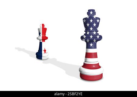 Schach aus US- und Panama-Flaggen auf weißem Hintergrund mit Karte Stockfoto