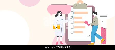 Der Arzt untersucht die handgezeichnete Abbildung des Flachvektorkonzepts des Patienten Stock Vektor