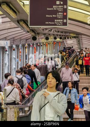 Hongkong, China - 01. Februar 2025 : Eine geschäftige Reiseszene im zentralen Geschäftsviertel von Hongkong. Nahaufnahme von Personen auf einer stark frequentierten Rolltreppe, Vorführung Stockfoto