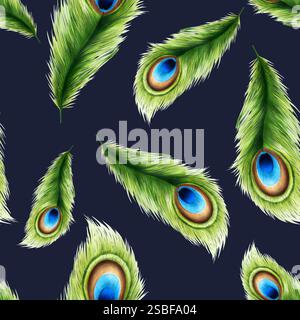 Nahtlose Pfauenfeder mit Markierungen im Aquarellstil. Realistische handgezeichnete Illustration isoliert auf Hintergrund. ClipArt für Designer Stockfoto
