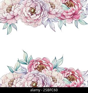 Ein zartes Arrangement aus sanften rosa und weißen Pfingstrosen mit üppig grünen Blättern zeigt Kunstfertigkeit und natürliche Schönheit in Aquarellvorlage und Hintergrund Stock Vektor