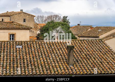 Traditionelle Terrakottadächer mit Rauchschornstein im französischen Dorf Carcassonne. Stockfoto