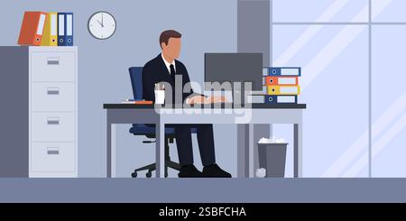 Effizienter Geschäftsmann, der am Schreibtisch sitzt und mit einem Computer arbeitet Stock Vektor