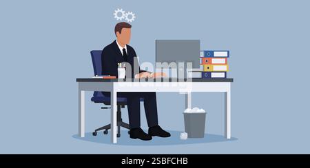 Effizienter Geschäftsmann, der am Schreibtisch sitzt und mit einem Computer arbeitet Stock Vektor