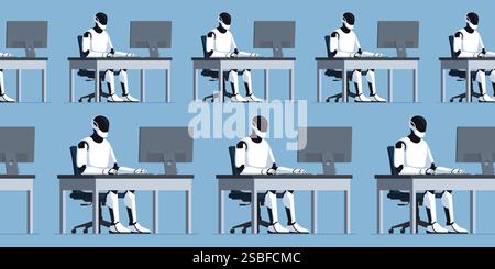 Viele effiziente humanoide Roboter sitzen an Schreibtischen und arbeiten, repetitive Aufgaben und KI-Konzept Stock Vektor