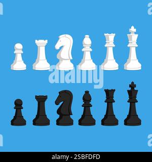 Set von Schachfiguren, die in der Reihe stehen, isoliert: Schachspiel, Strategie und Brettspiel-Konzept Stock Vektor