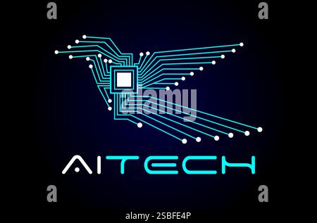 KI-Technologie-Logo, Bird-Technologie-Logo, künstliches Logo, Computerchip-Logo, Schaltung, Software-App digitale Cybersicherheit, elektronische Datenlösung Stock Vektor